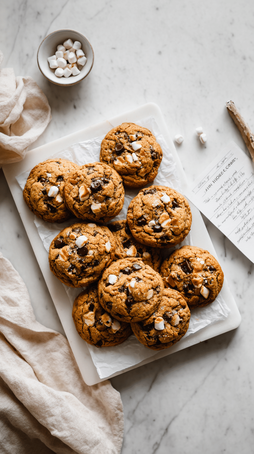 Top-down view of Pumpkin S'mores Cookies with gooey marshmallow and chocolate on marble countertop