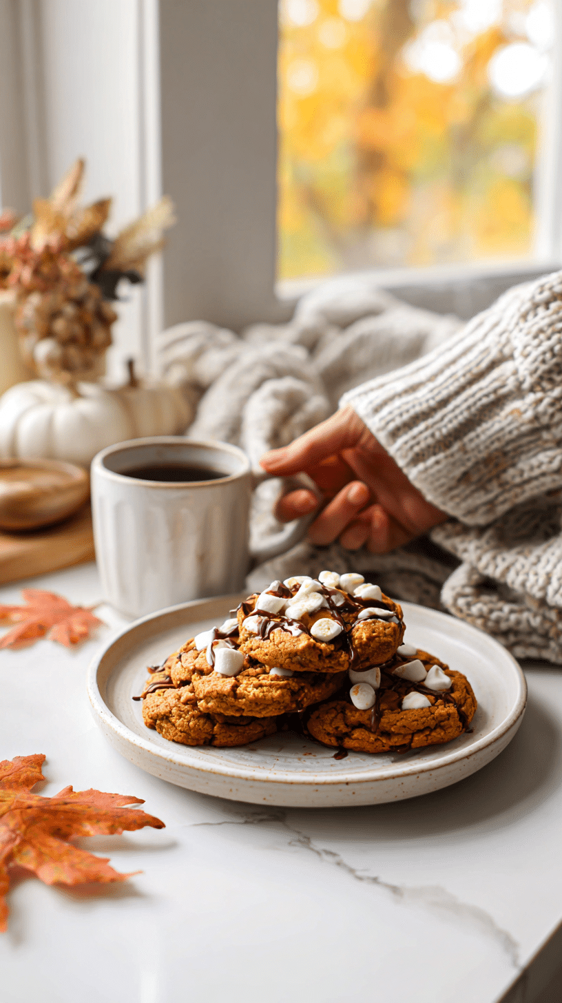 Pumpkin S'mores Cookies served on white platter with gooey marshmallow and chocolate