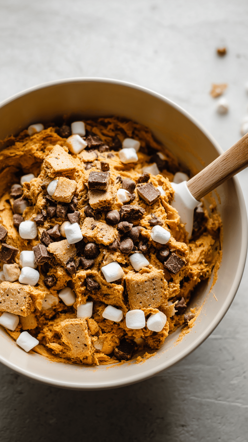 Creaming butter and sugars for Pumpkin S'mores Cookies in a glass bowl with hand mixer