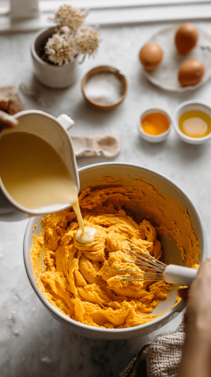 Adding pumpkin puree, egg, and vanilla to Pumpkin S'mores Cookies dough in glass bowl