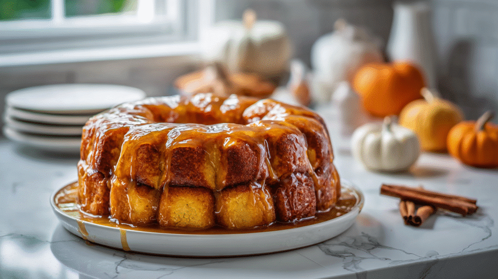 Pumpkin Spice Monkey Bread faqs finished dish on elegant plate