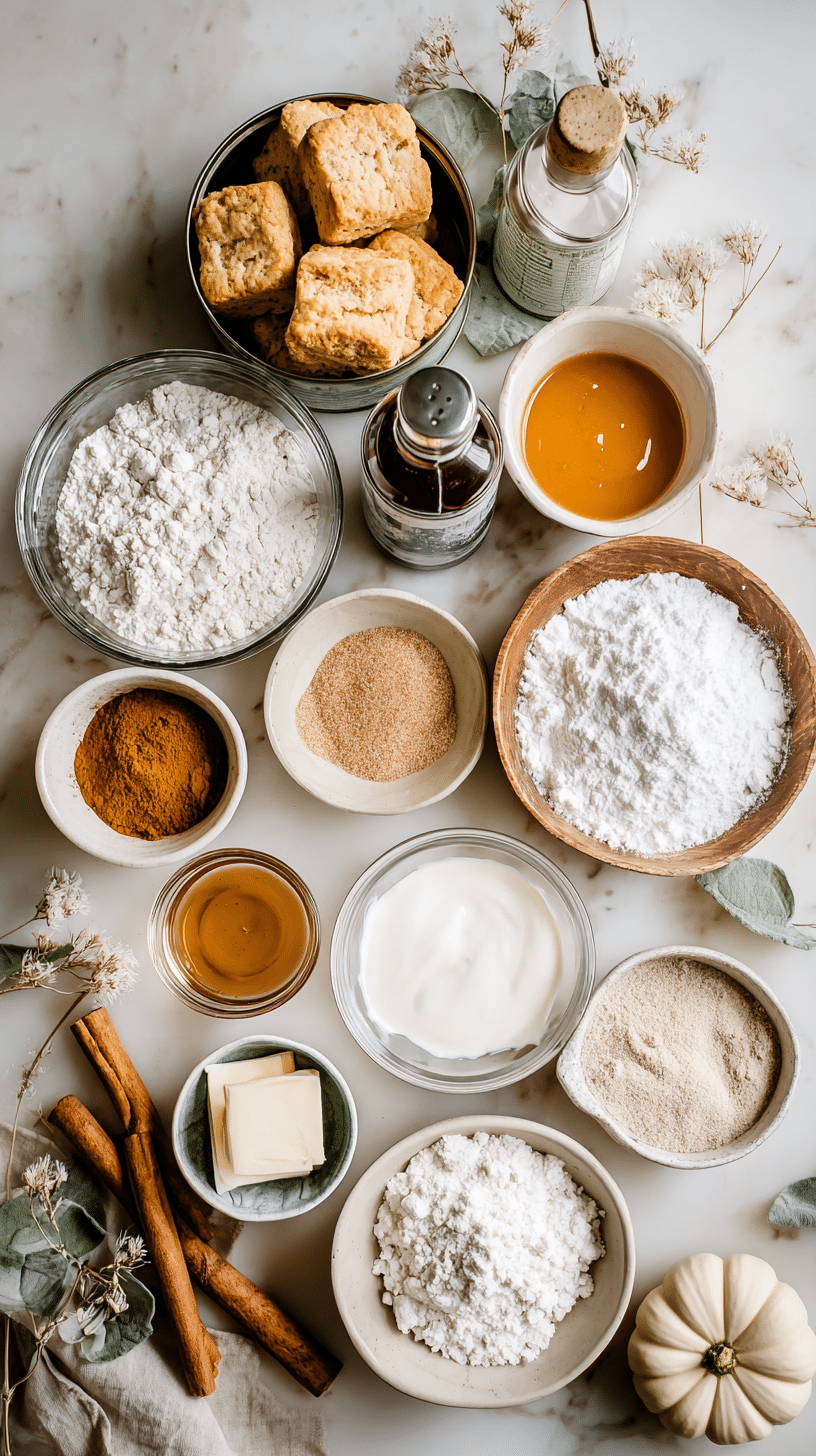 Pumpkin Spice Monkey Bread faqs ingredients arranged on marble countertop