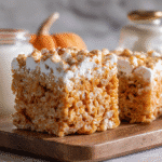 Hero shot of Pumpkin Spice Rice Krispie Treat with gooey marshmallow and pumpkin spice