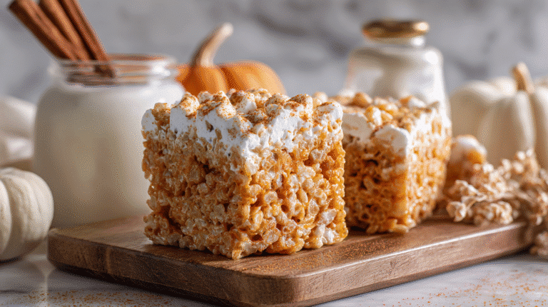 Hero shot of Pumpkin Spice Rice Krispie Treat with gooey marshmallow and pumpkin spice