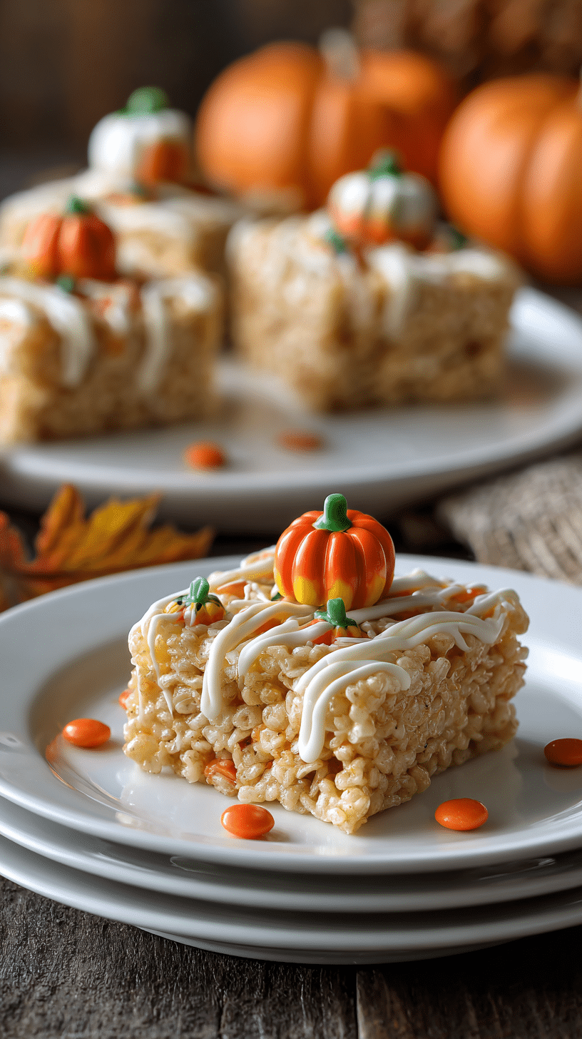 Pumpkin Spice Rice Krispie Treat being served on beautiful dinnerware