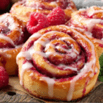 Hero shot of Raspberry Cinnamon Rolls with lemon glaze