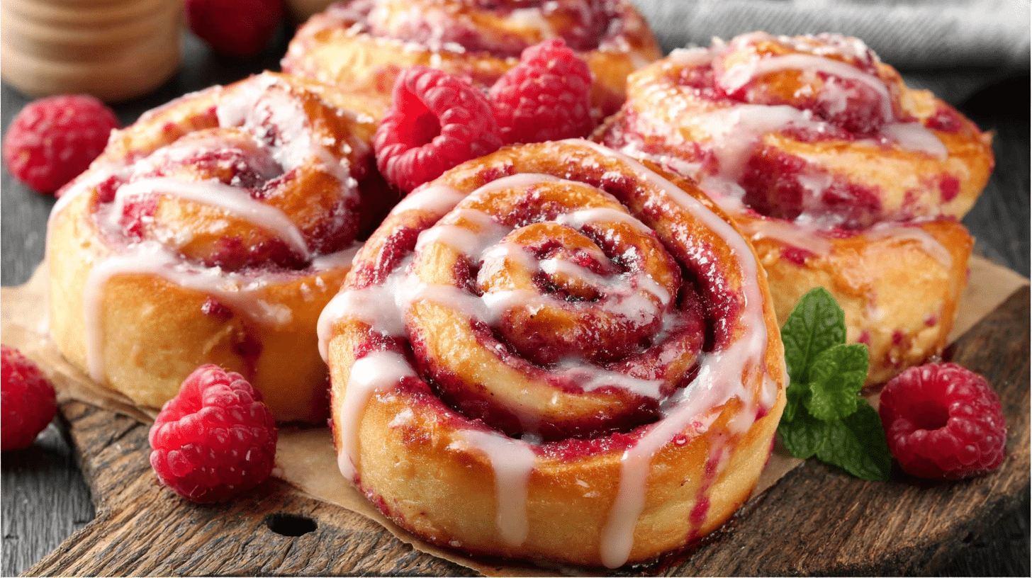 Hero shot of Raspberry Cinnamon Rolls with lemon glaze