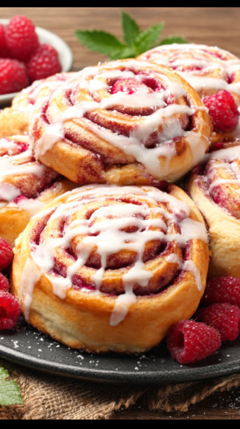 Raspberry Cinnamon Rolls being served on beautiful dinnerware