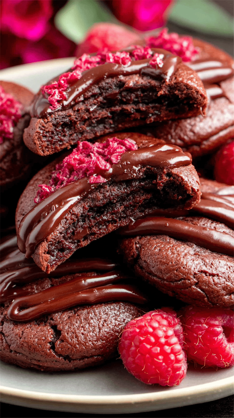 Raspberry Fudgy Chocolate Cookies being served on beautiful dinnerware