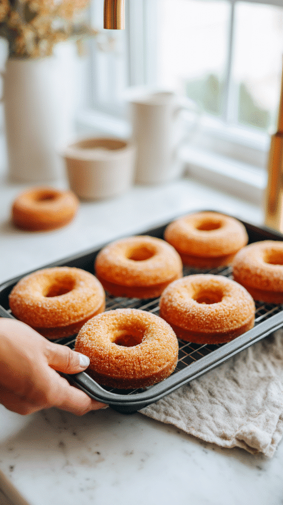 removing freshly baked gluten-free pumpkin donuts from pan