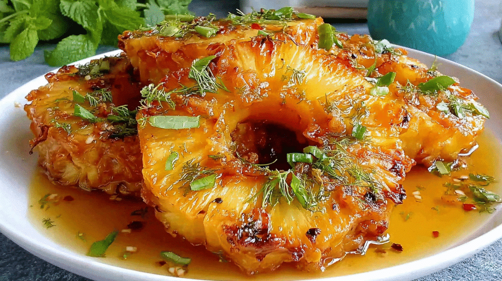 Hero shot of Rum-Soaked Grilled Pineapple with caramelized rings and toasted coconut flakes
