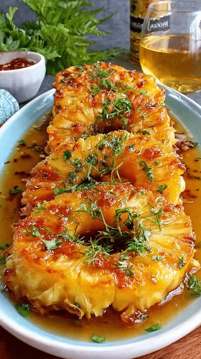 Rum-Soaked Grilled Pineapple being served on beautiful dinnerware