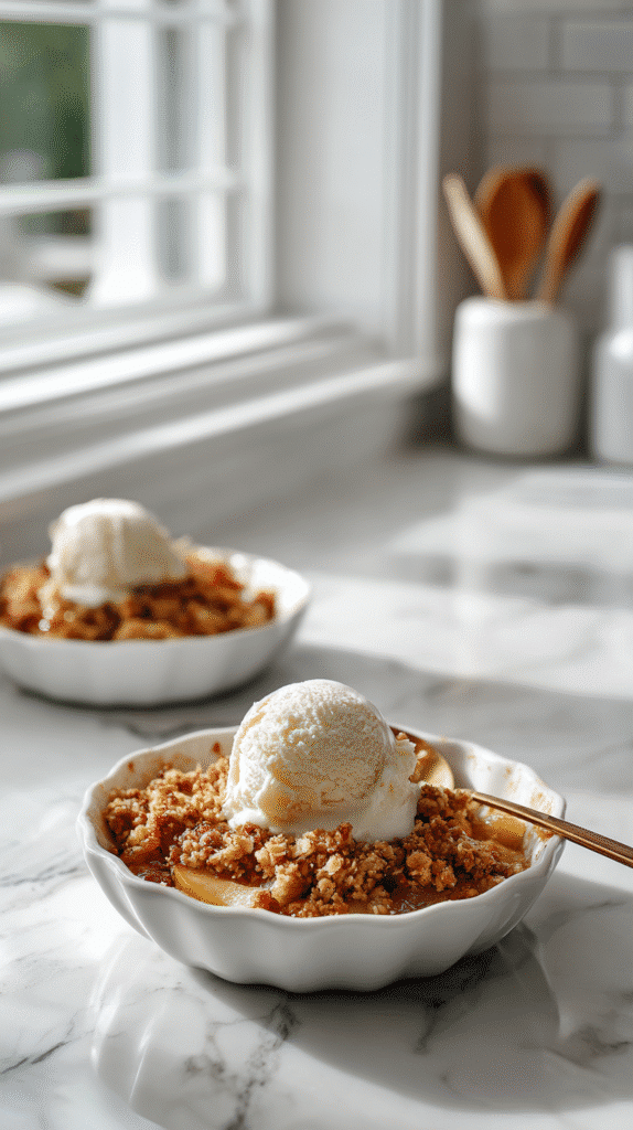 serving pear crumble with vanilla ice cream
