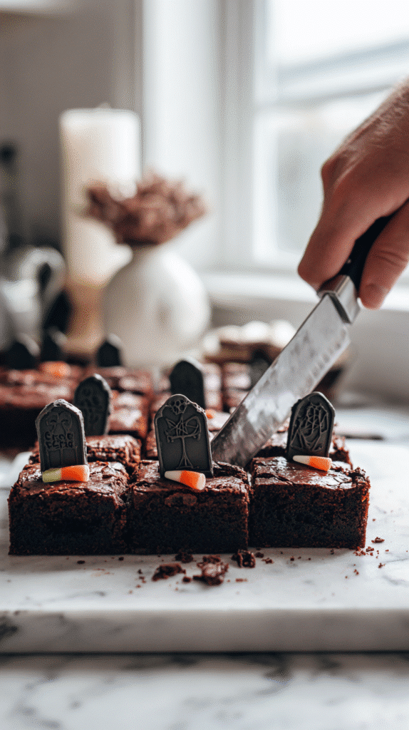 slicing graveyard brownies into squares