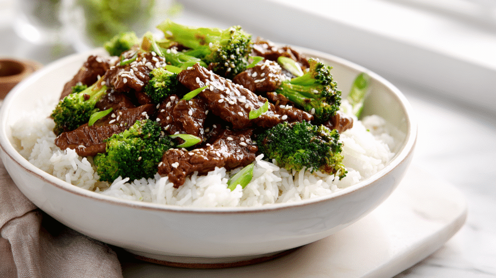 Slow Cooker Beef and Broccoli hero shot with tender beef, crisp broccoli, and glossy sauce over rice