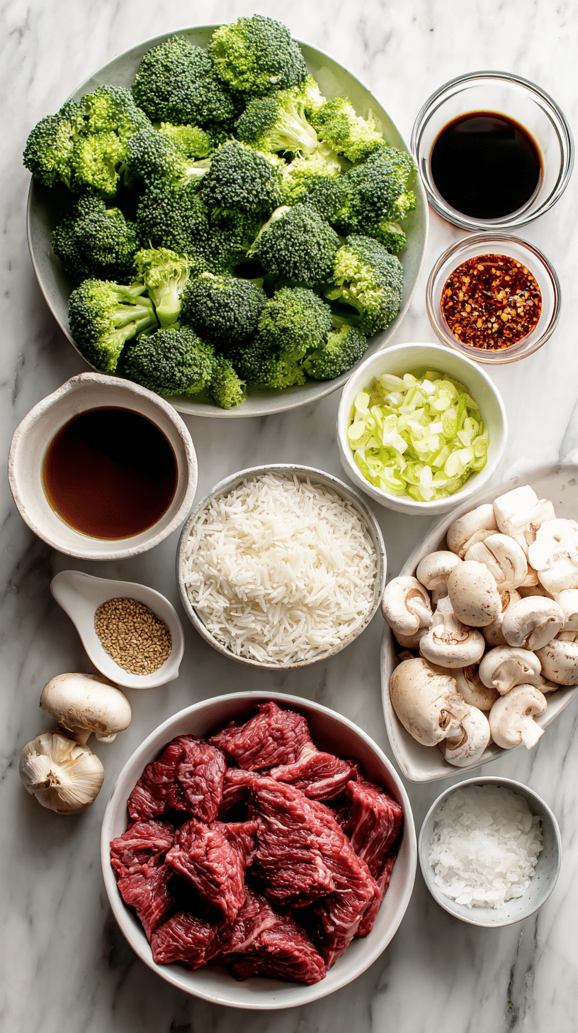Ingredients for Slow Cooker Beef and Broccoli arranged on marble countertop