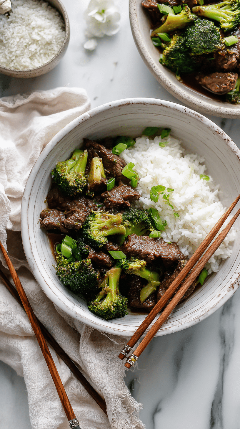 Slow Cooker Beef and Broccoli in a bowl with rice, top-down view