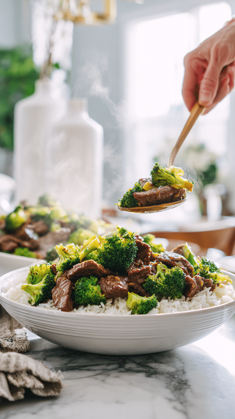 Slow Cooker Beef and Broccoli being served over rice at the table