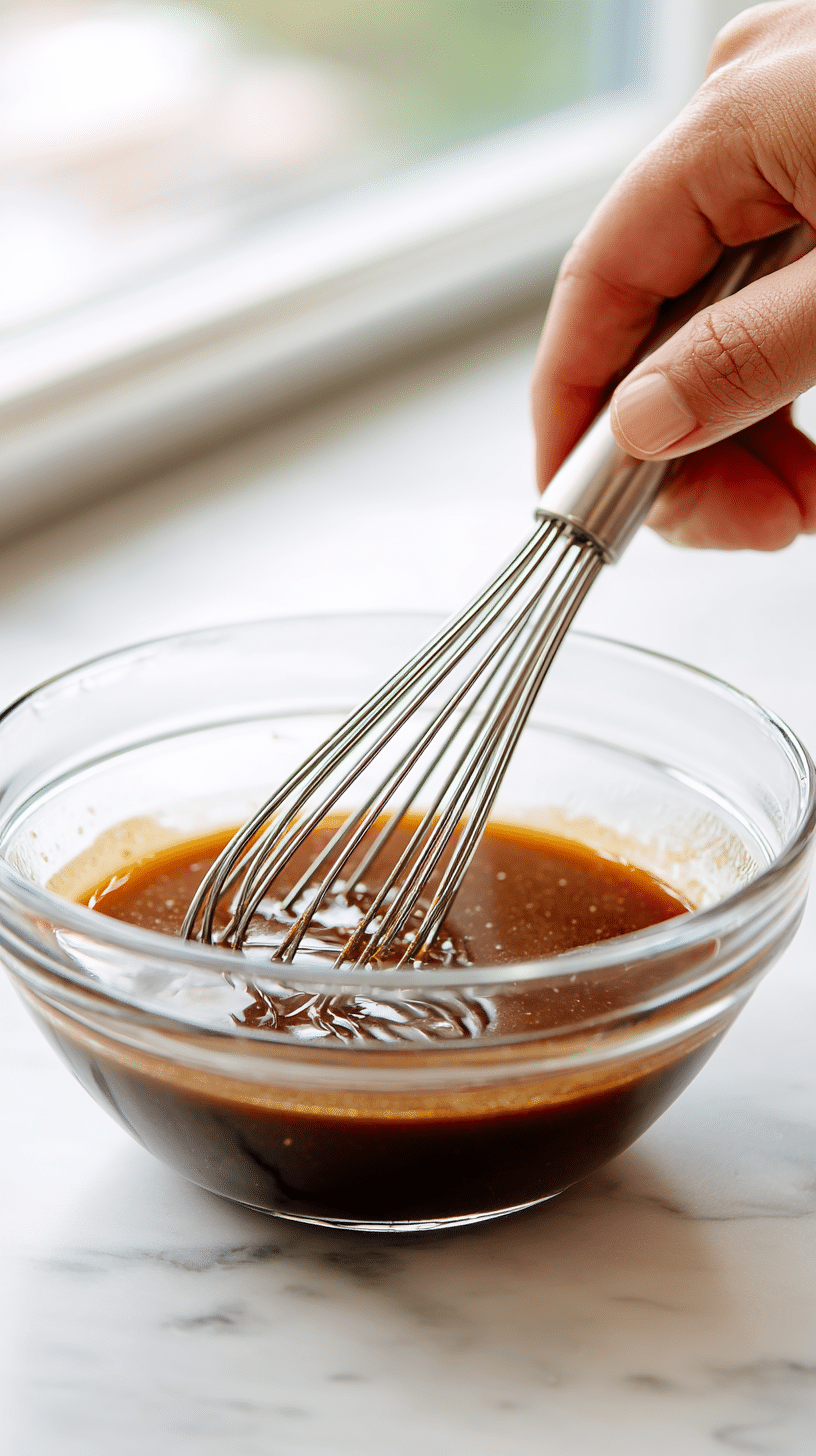 Slow Cooker Beef and Broccoli sauce ingredients being whisked together in a bowl