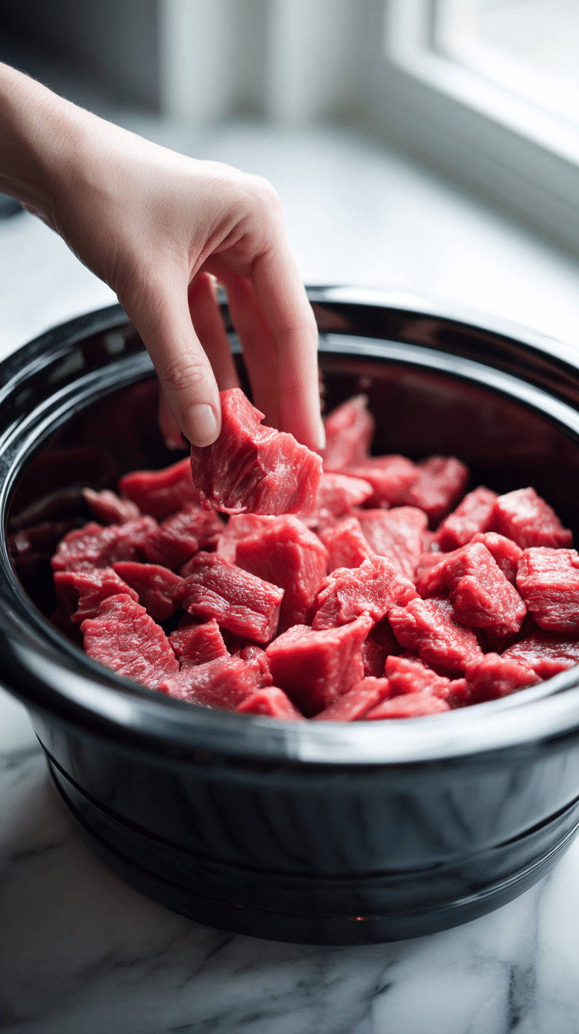 Slow Cooker Beef and Broccoli sliced beef being placed into slow cooker