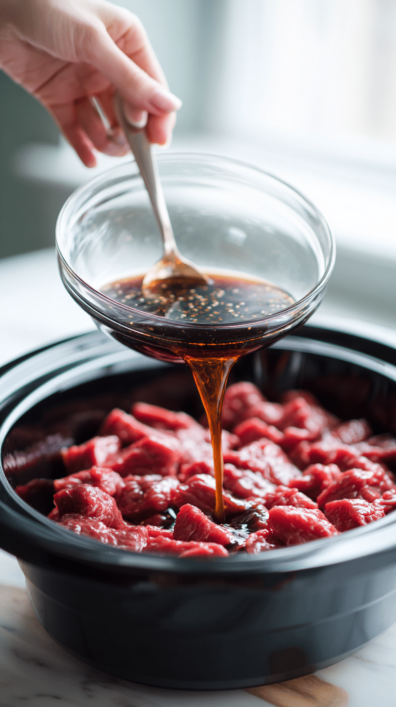 Slow Cooker Beef and Broccoli sauce being poured over beef in slow cooker