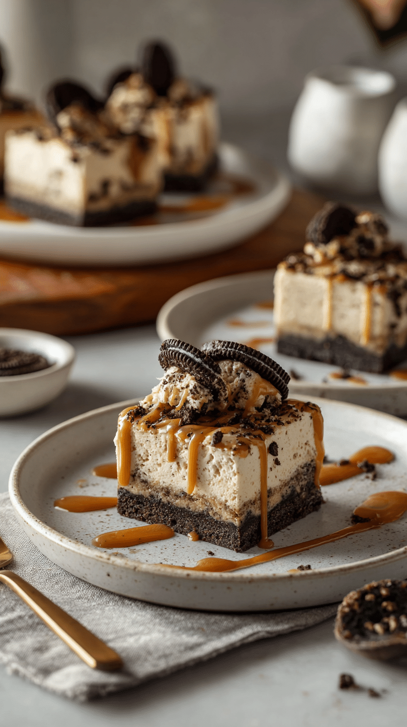 Slutty cheesecake bars being served on beautiful dinnerware