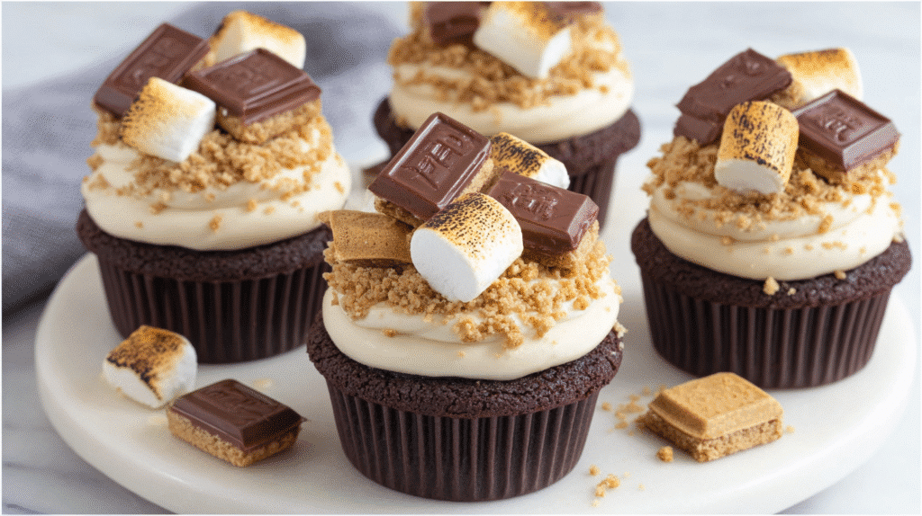 S'mores Cupcakes with toasted marshmallow frosting and chocolate ganache