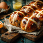 Hero shot of Sourdough Hot Cross Buns with golden crust and icing crosses