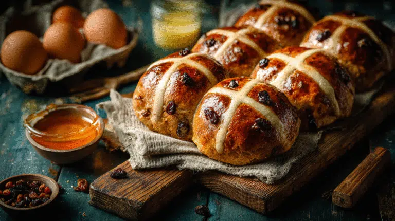 Hero shot of Sourdough Hot Cross Buns with golden crust and icing crosses
