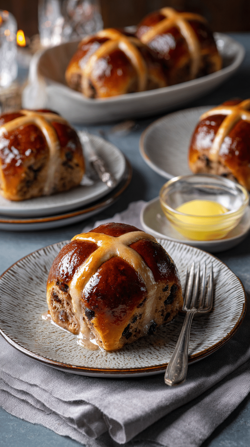 Sourdough Hot Cross Buns being served on beautiful dinnerware