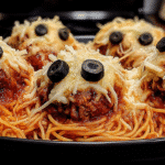 Spooky Spaghetti & Cheesy Monster Meatballs hero shot with gooey cheese and olive eyes