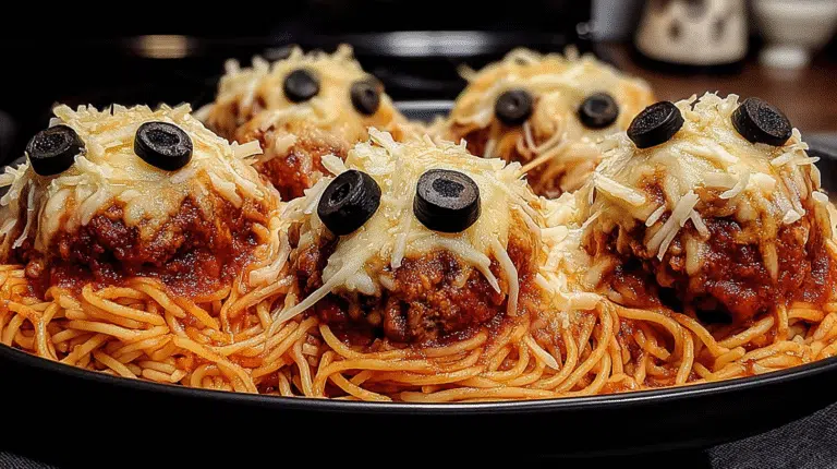 Spooky Spaghetti & Cheesy Monster Meatballs hero shot with gooey cheese and olive eyes