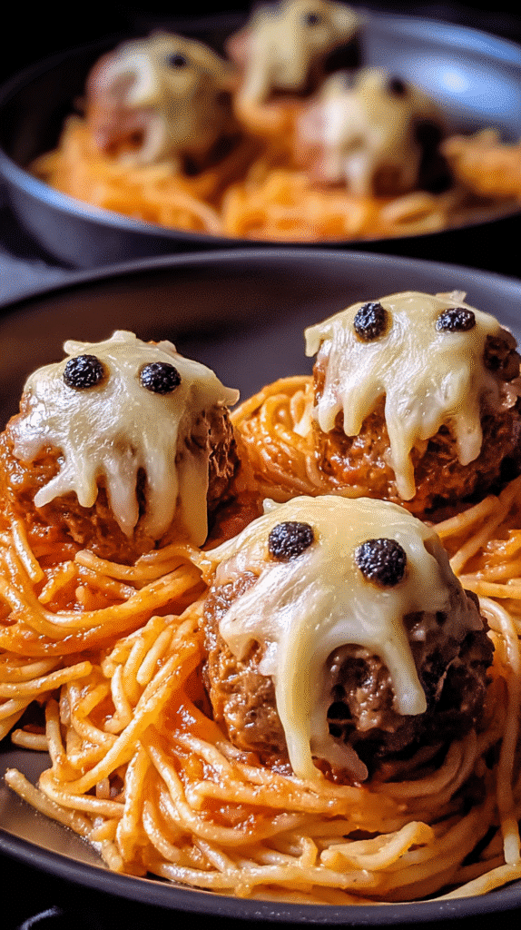 Spooky Spaghetti & Cheesy Monster Meatballs being served on beautiful dinnerware