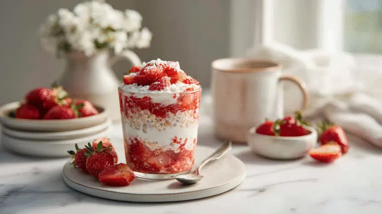 Strawberries and Cream Overnight Oats Recipe finished dish on elegant plate