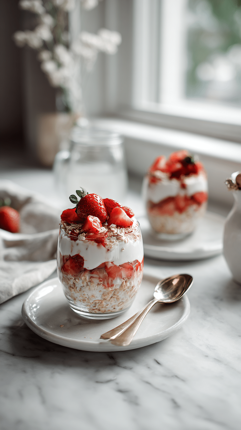 Strawberries and Cream Overnight Oats Recipe being served on beautiful dinnerware