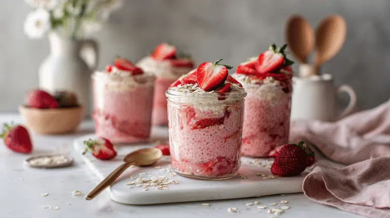Strawberry Blended Overnight Oats hero shot in glass jars with fresh strawberries on marble countertop
