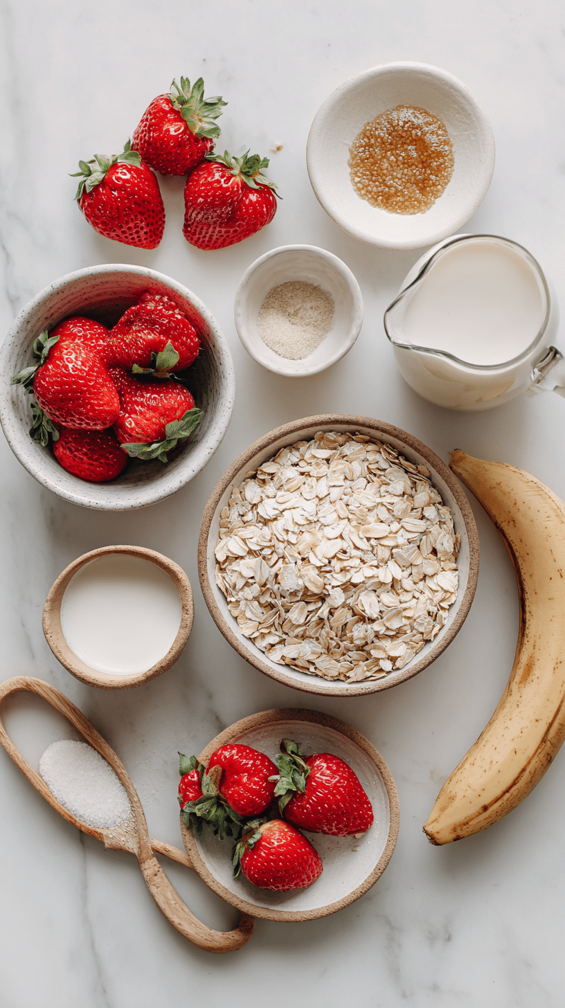 Ingredients for Strawberry Blended Overnight Oats arranged on marble countertop