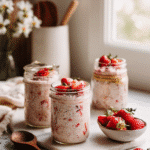 Top-down view of Strawberry Blended Overnight Oats in glass jars