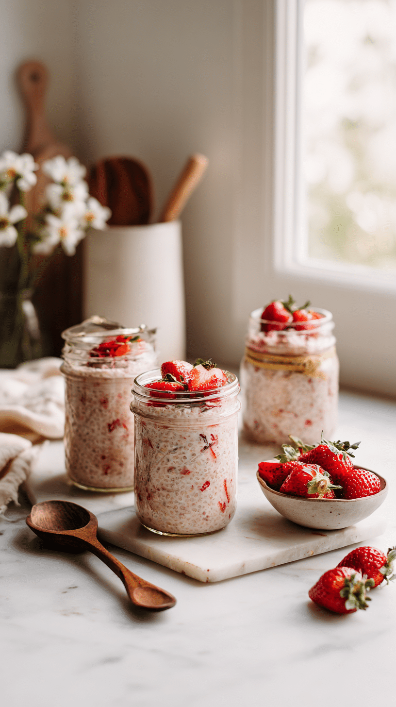 Top-down view of Strawberry Blended Overnight Oats in glass jars