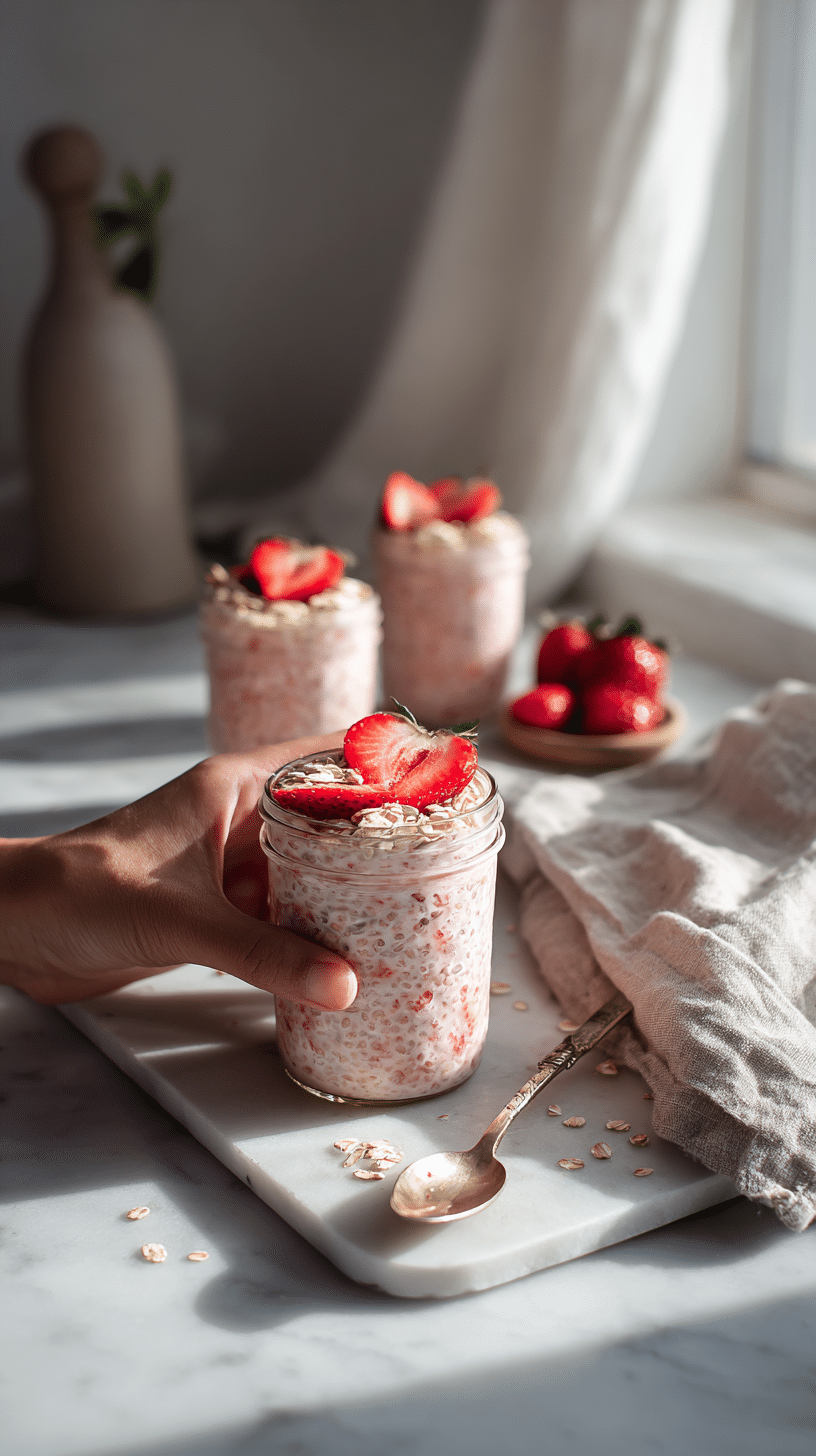 Serving Strawberry Blended Overnight Oats in glass jars with fresh strawberries