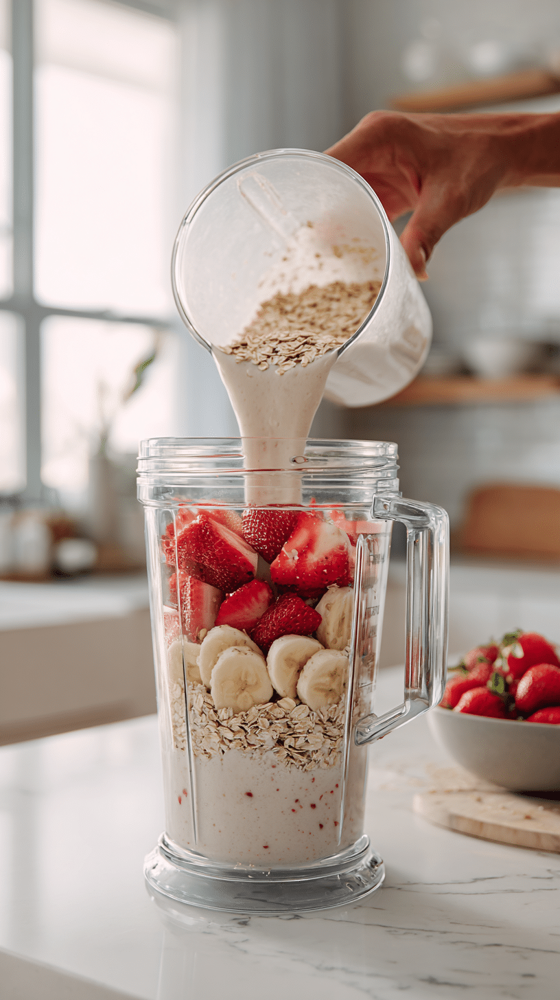 Adding ingredients for Strawberry Blended Overnight Oats into blender