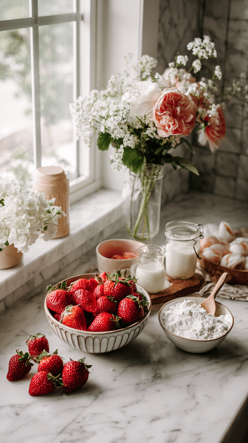 Strawberry Mochi Recipe ingredients arranged on marble countertop