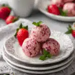 Strawberry Shortcake Energy Bites being served on beautiful dinnerware