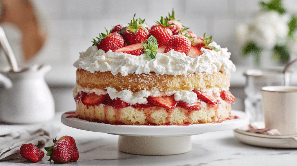 Strawberry Shortcake Recipes hero image of a rustic layered cake with fresh strawberries and whipped cream cheese frosting