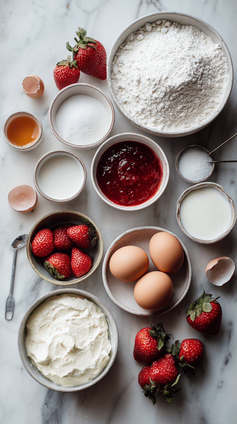 Ingredients for Strawberry Shortcake Recipes arranged on marble countertop in Scandinavian kitchen