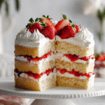 Strawberry Shortcake Recipes top-down view of finished cake for recipe card