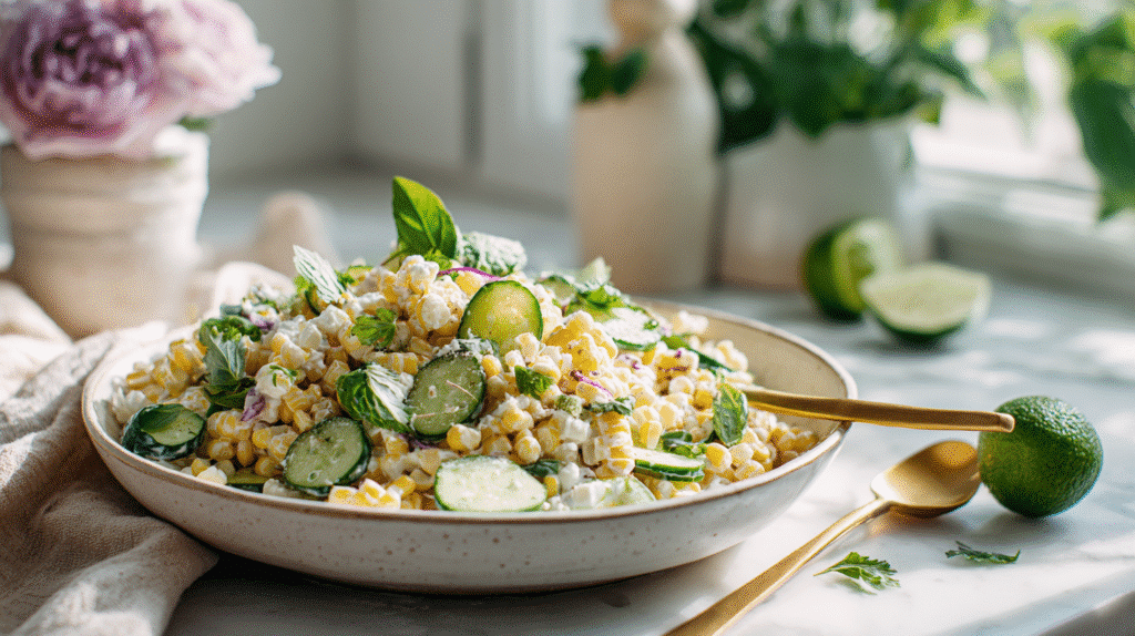 Street Corn Creamy Cucumber Salad finished dish on elegant plate