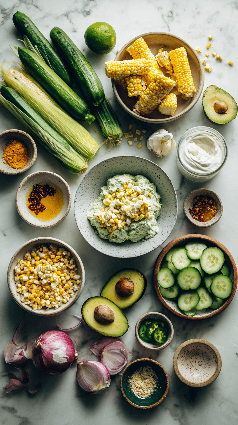 Street Corn Creamy Cucumber Salad ingredients arranged on marble countertop