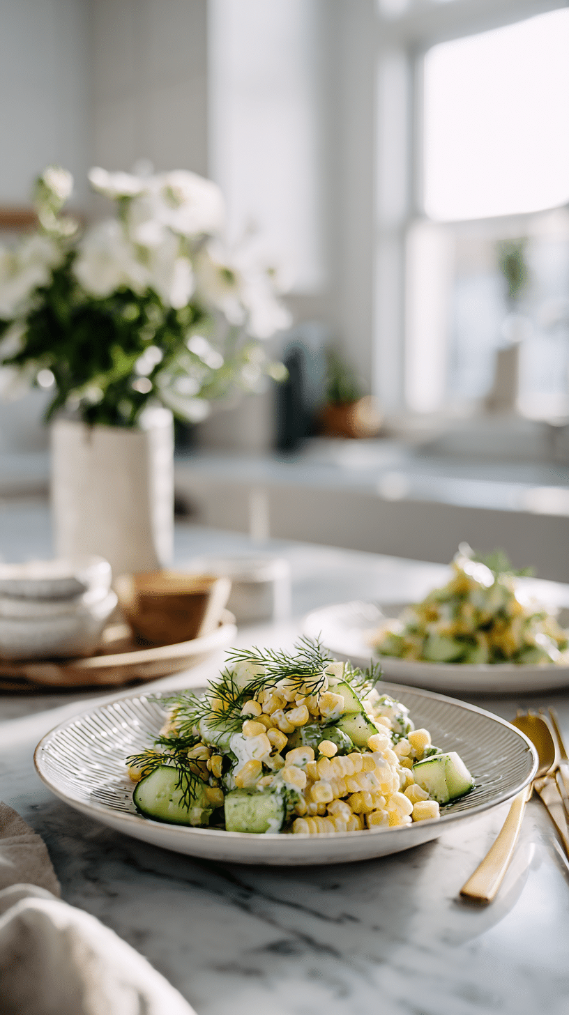 Street Corn Creamy Cucumber Salad being served on beautiful dinnerware