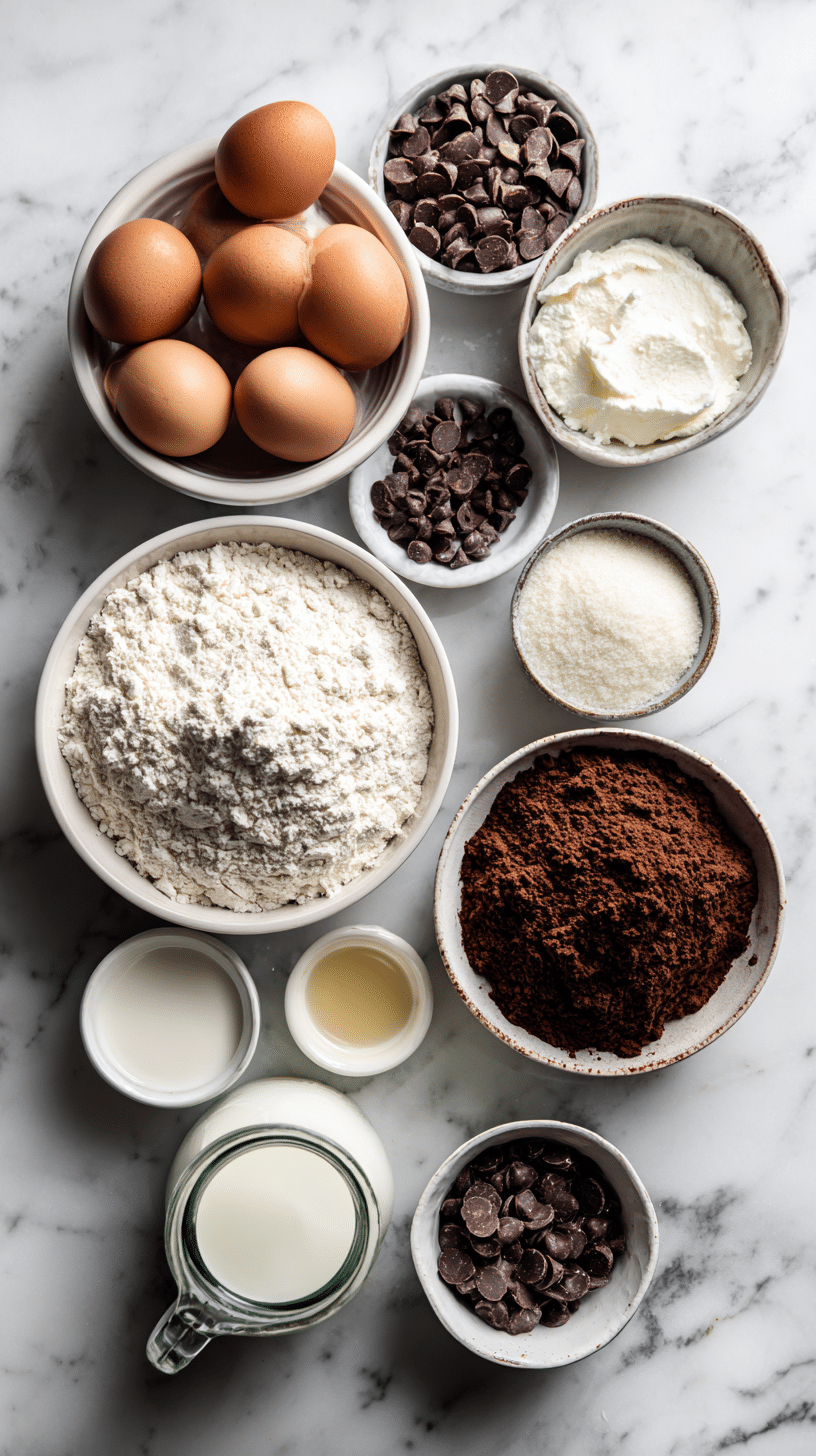 Ingredients for Sugar Free Keto Chocolate Muffins arranged on marble countertop